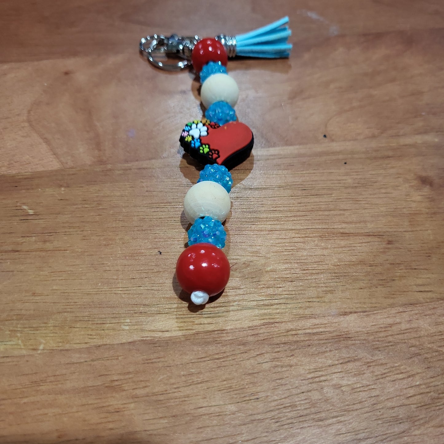 Red With White Paw Wooden and Plastic  Bead Keychains