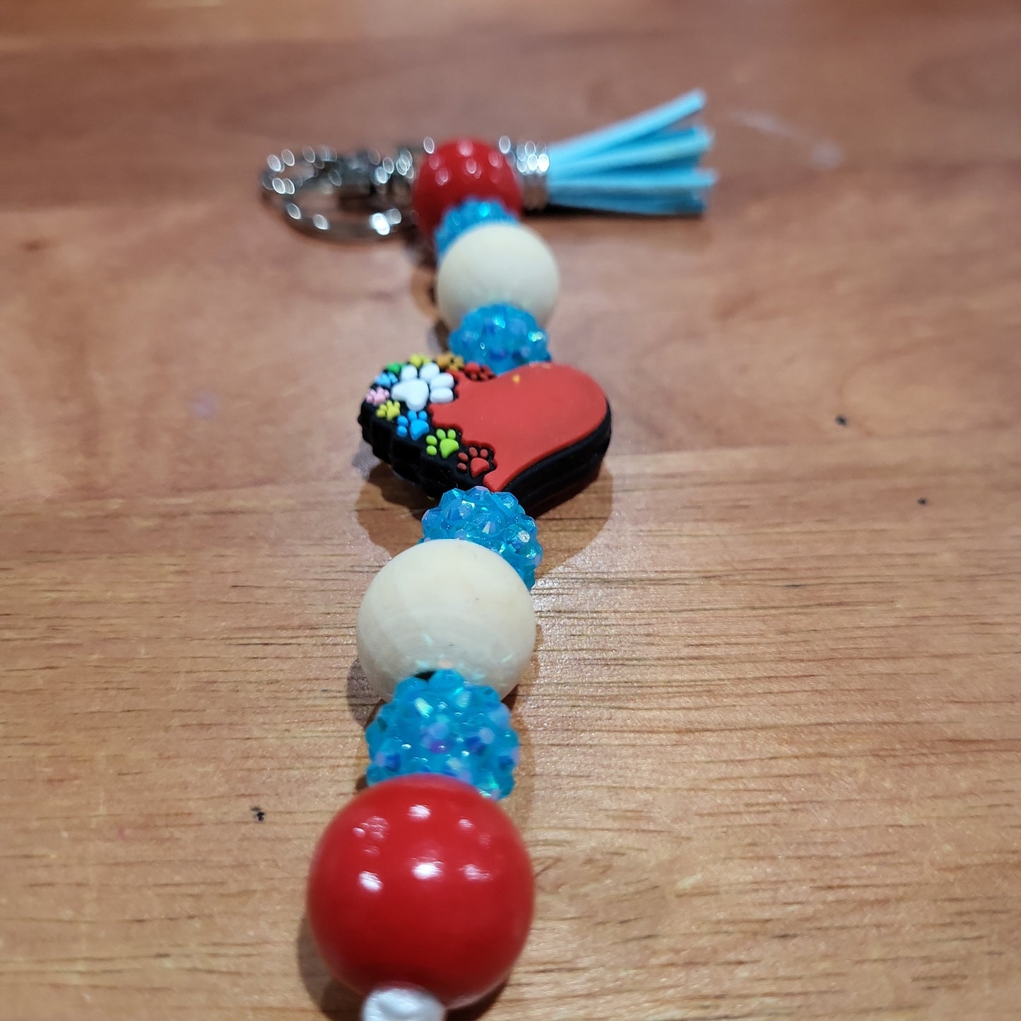 Red With White Paw Wooden and Plastic  Bead Keychains